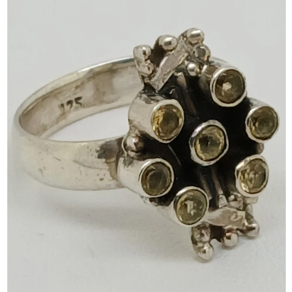 Artisan Crafted 925 Sterling Silver Citrine Cluster Ring Thailand 1990s Size 9.5